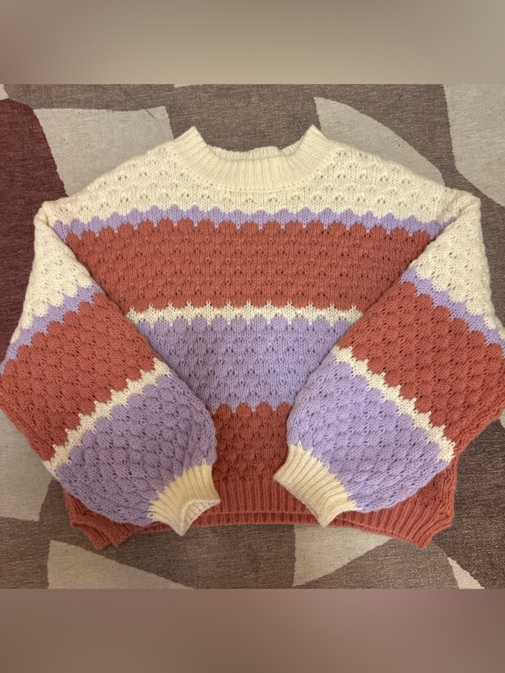 debut Striped Crochet-Texture Sweater in Cream, Rust & Lilac with Balloon Sleeve